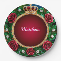 👑 Gold Crown Rose Paper Plates Luxury Party Decor