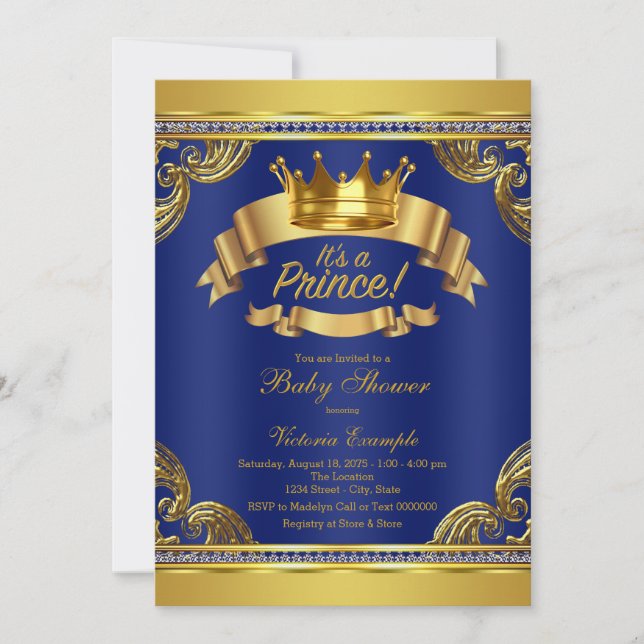 Gold Crown Royal Blue Prince Baby Shower Invitation (Front)