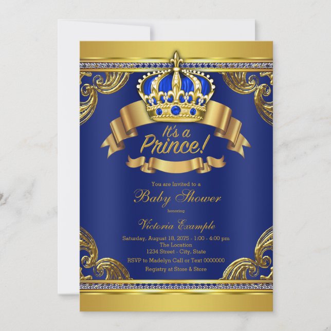 Gold Crown Royal Blue Prince Boy Baby Shower Invitation (Front)