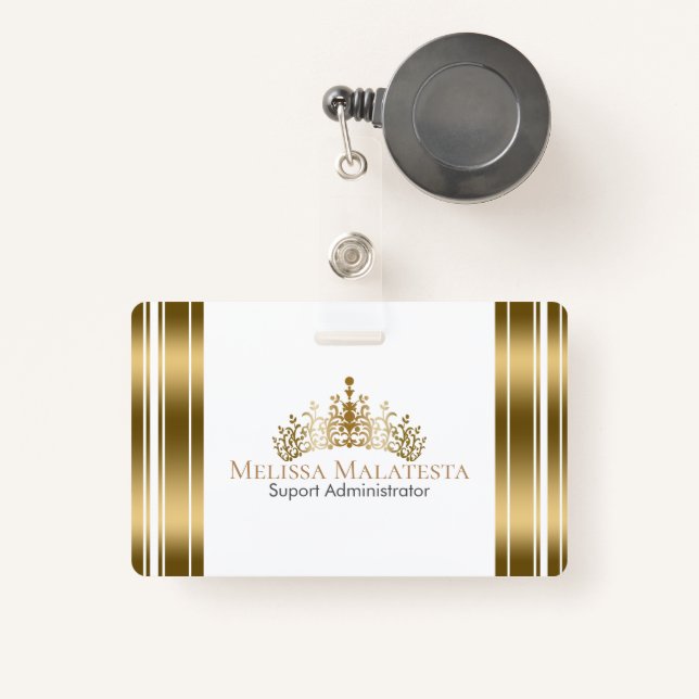 Gold Crown & Stripes Modern Design ID Badge (Front with Retractable)