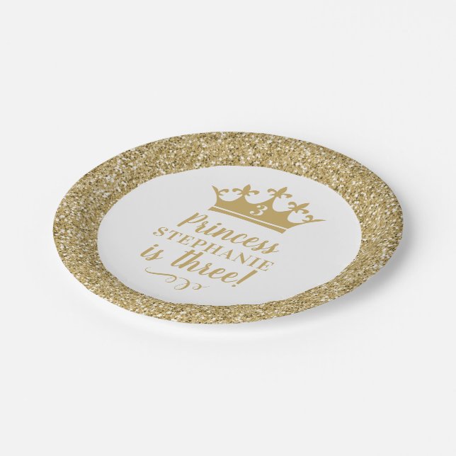 Gold Crown Tiara Gold Princess Birthday Paper Plate (Angled)