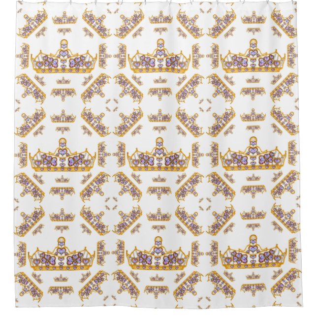 Gold Crowns Heart Diamonds Pearls Pattern White Shower Curtain (Front)
