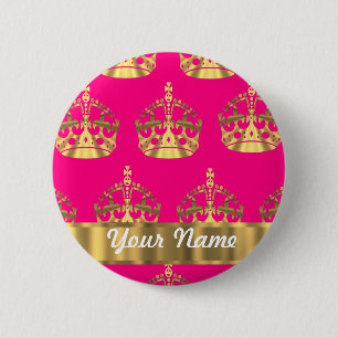 Gold crowns on hot pink 6 cm round badge
