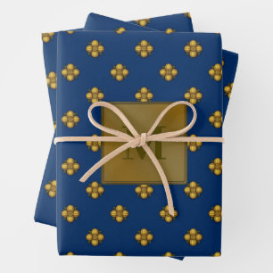 Gold Cruciferous Flowers Monogrammed Blue Wrapping Paper Sheet