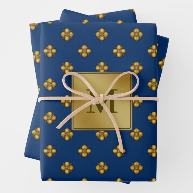 Gold Cruciferous Flowers Monogrammed Blue Wrapping Paper Sheet (In situ)