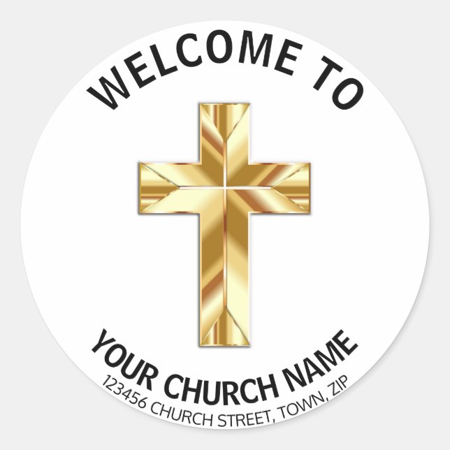 Gold Crucifix Church Welcome Classic Round Sticker (Front)