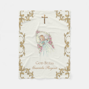 Gold Crucifix Cross Pink Roses Baby Girl Fleece Blanket
