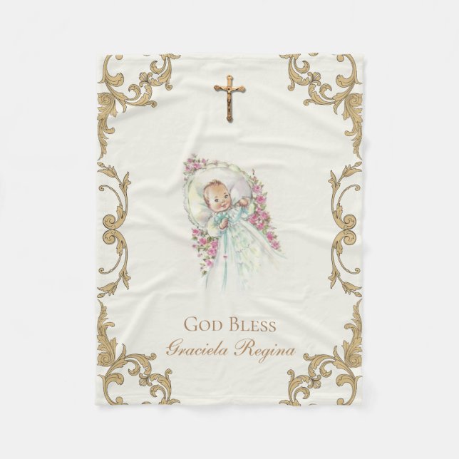 Gold Crucifix Cross Pink Roses Baby Girl Fleece Blanket (Front)