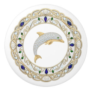Gold Crystal Dolphin 2Dgraphic Ocean Sea Marine Ceramic Knob