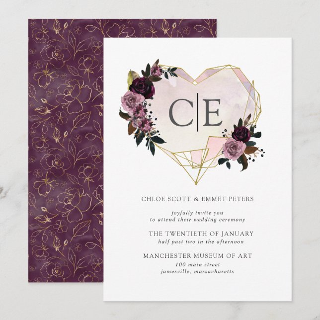 Gold Crystal Heart Pink Purple Floral Wedding Invitation (Front/Back)