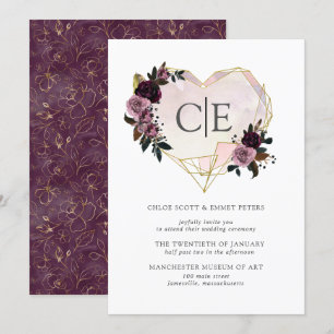 Gold Crystal Heart Pink Purple Floral Wedding Invitation