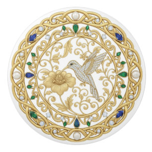 Gold Crystal Hummingbird Bird 2D graphic gemstones Ceramic Knob