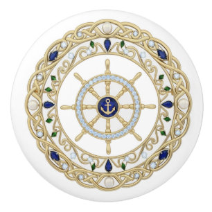 Gold Crystal Nautical Captain Ship's Wheel Helm Ceramic Knob