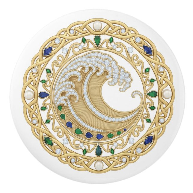 Gold Crystal Ocean Great Wave 2D graphic gemstones Ceramic Knob (Front)