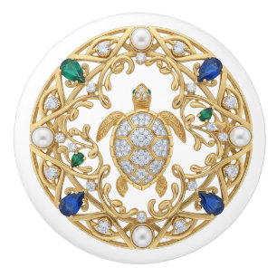 Gold Crystal Sea Turtle 2Dgraphic gemstone Ocean Ceramic Knob