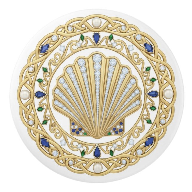 Gold Crystal Seashell Shell 2D graphic gemstones Ceramic Knob (Front)