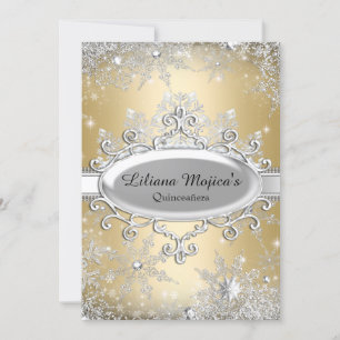 Gold Crystal Snowflake Princess Quinceanera Invitation
