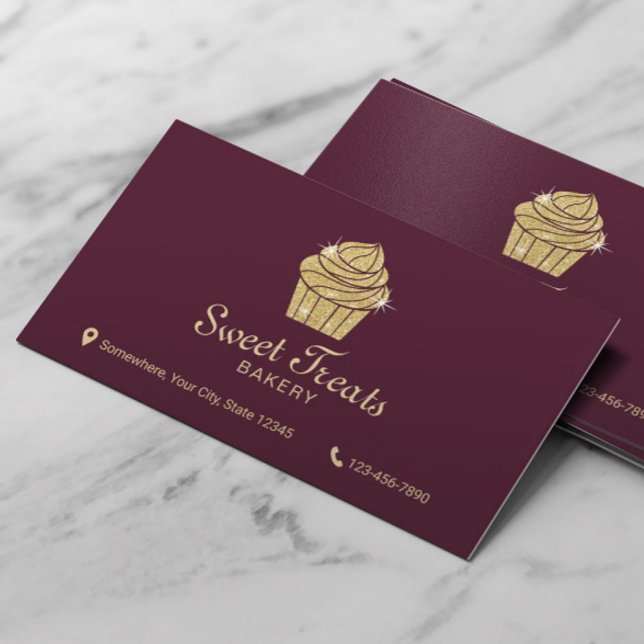Gold Cupcake Bakery Sweet Treats Burgundy Red Business Card (Creator Uploaded)