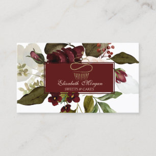 Gold Cupcake Burgundy Flowers Bakery Business Card