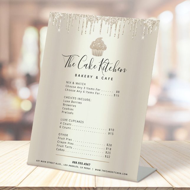 Gold Cupcake Glitter Drips Bakery Menu Price List Pedestal Sign (Creator Uploaded)