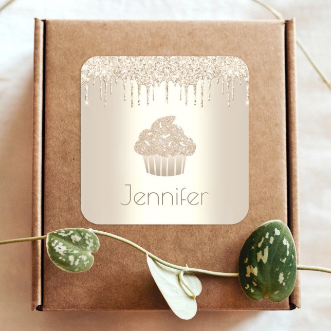 Gold cupcake glitter drips name modern glam luxury square sticker (Creator Uploaded)