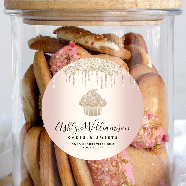 Gold Cupcake Glitter Drips Pastry Chef Bakery Pink Classic Round Sticker (Creator Uploaded)