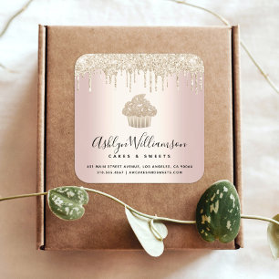 Gold Cupcake Glitter Drips Pink Pastry Chef Bakery Square Sticker