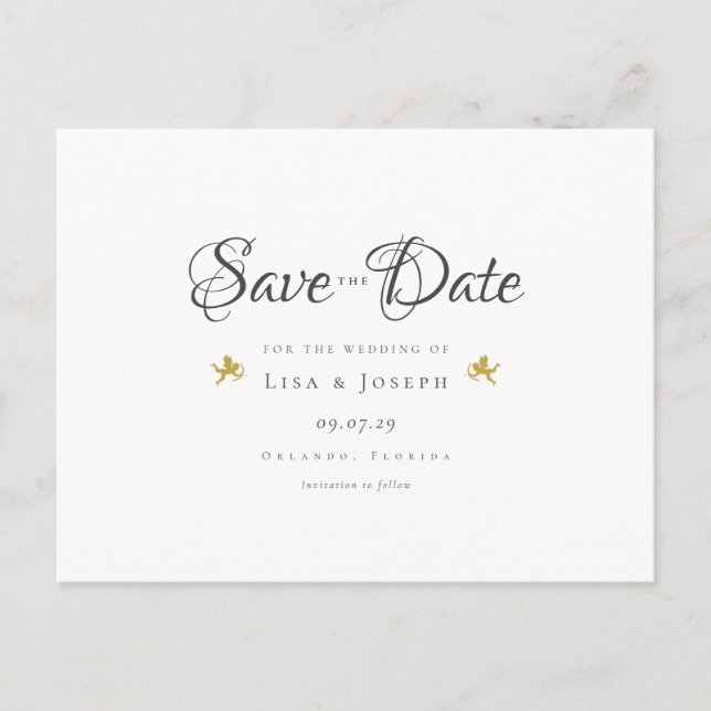 Gold Cupids Elegant Script Save the Date Postcard (Front)