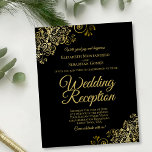Gold Curls Black Wedding Reception BUDGET Invite<br><div class="desc">These affordable, budget friendly wedding reception invitations are the perfect choice for class, style, and beauty on a budget. Designed for guests who are invited to the reception but not the ceremony, they feature a classic black background with ornate golden faux foil curls and swirls in the corners. The typography...</div>