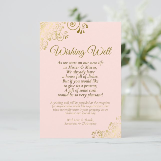 Gold Curls & Blush Pink Wedding Wishing Well Poem Enclosure Card (Standing Front)