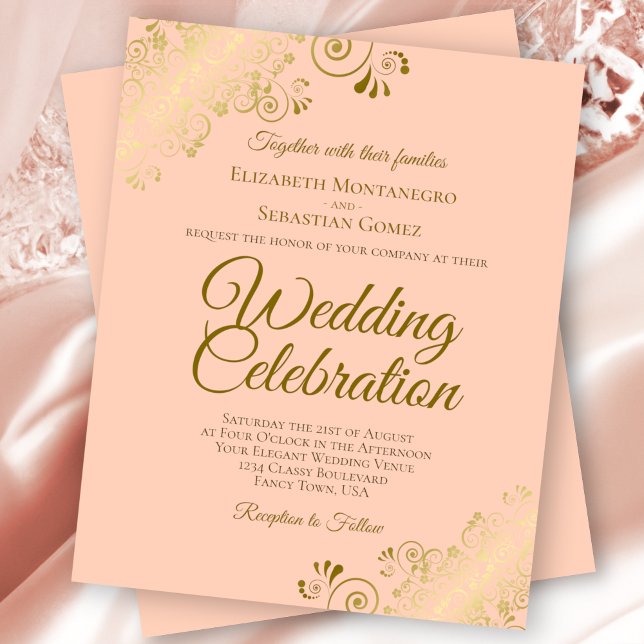 Gold Curls Elegant Peach BUDGET Wedding Invitation (Creator Uploaded)