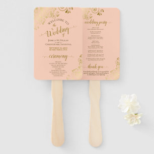Gold Curls on Coral Peach Elegant Wedding Program Hand Fan