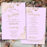 Gold Curls on Lilac Elegant Budget Wedding Program<br><div class="desc">These wedding programs are elegant and tasteful, while still being budget friendly. The design features ornate golden faux foil corners with gold text on a pale purple or lilac coloured background. The typography features lacy script calligraphy, and there is room for details on the ceremony, the bridal party, and a...</div>