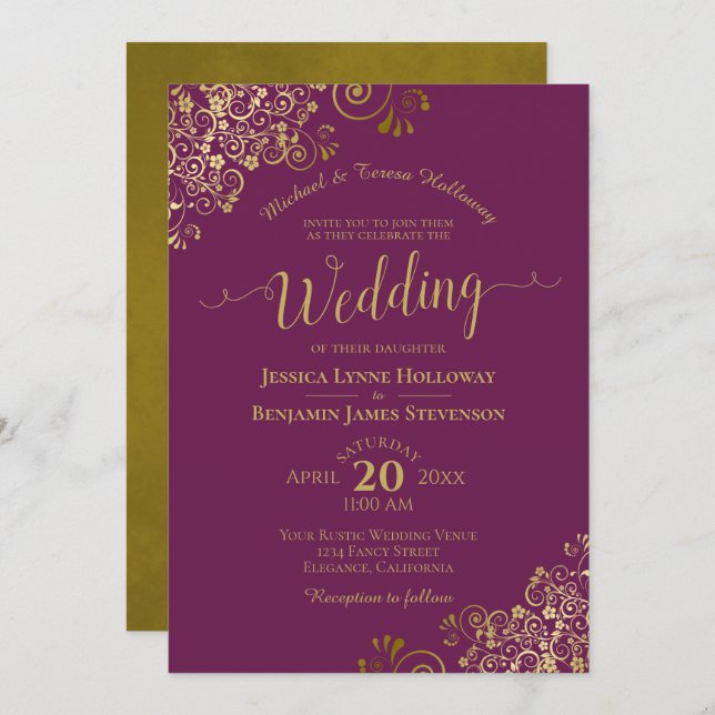 Gold Curls on Magenta Plum Elegant Formal Wedding Invitation (Front/Back)