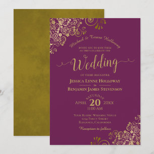 Gold Curls on Magenta Plum Elegant Formal Wedding Invitation