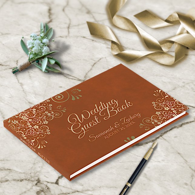 Gold Curls on Marbled Rust Orange Elegant Wedding Guest Book (Creator Uploaded)