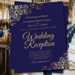 Gold Curls on Navy Wedding Reception BUDGET Invite<br><div class="desc">These affordable, budget friendly wedding reception invitations are the perfect choice for class, style, and beauty on a budget. Designed for guests who are invited to the reception but not the ceremony, they feature a navy blue background with ornate golden faux foil curls and swirls in the corners. The typography...</div>
