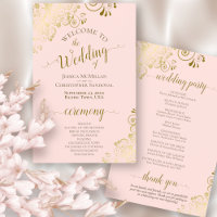Gold Curls on Pink Elegant Budget Wedding Program