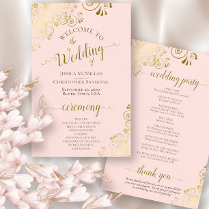 Gold Curls on Pink Elegant Budget Wedding Program