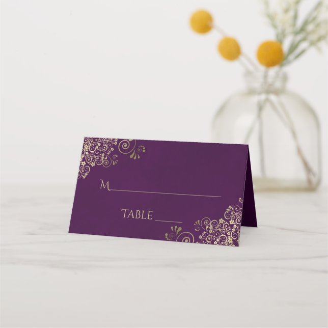 Gold Curls on Plum Purple Elegant Wedding Write-In Place Card (Front)