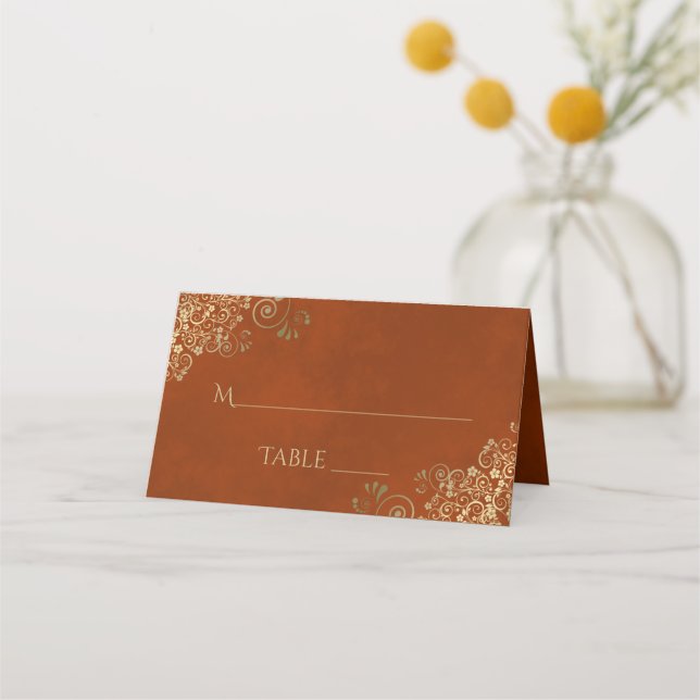 Gold Curls on Rust Orange Elegant Wedding Write-In Place Card (Front)