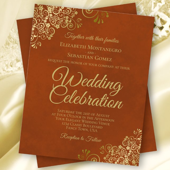 Gold Curls Rust Orange BUDGET Wedding Invitation (Creator Uploaded)