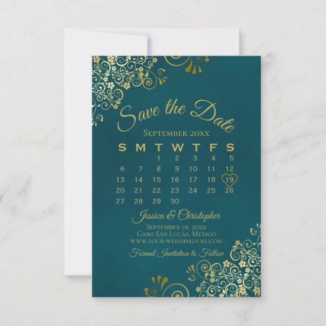 Gold Curls & Swirls Elegant Teal Wedding Calendar Save The Date (Front)