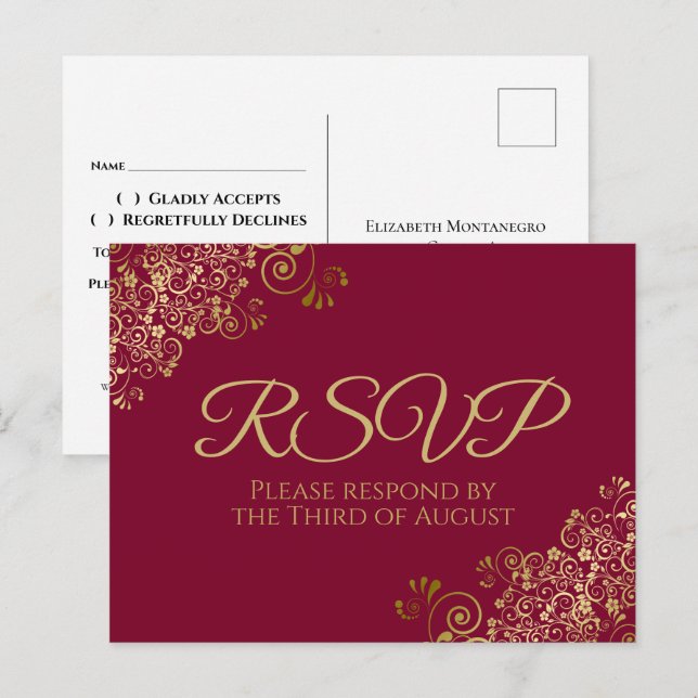 Gold Curls & Swirls Maroon Burgundy Wedding RSVP Postcard (Front/Back)