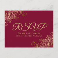Gold Curls & Swirls Maroon Burgundy Wedding RSVP