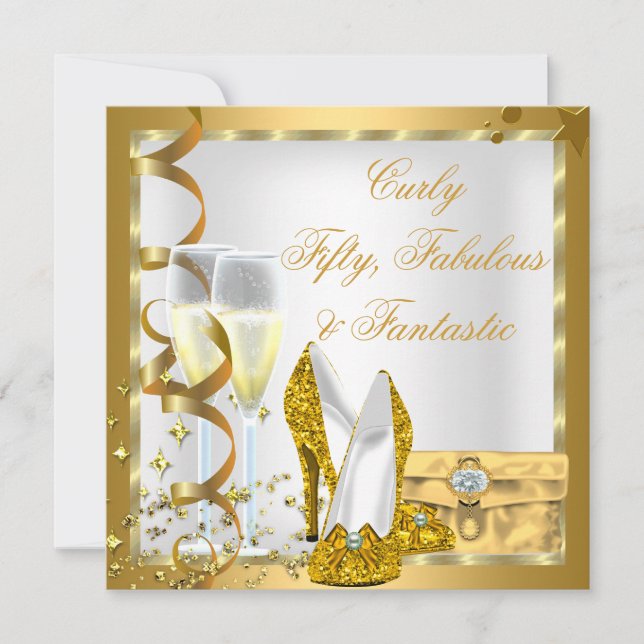GOLD Curly Fabulous Fantastic Invitation (Front)