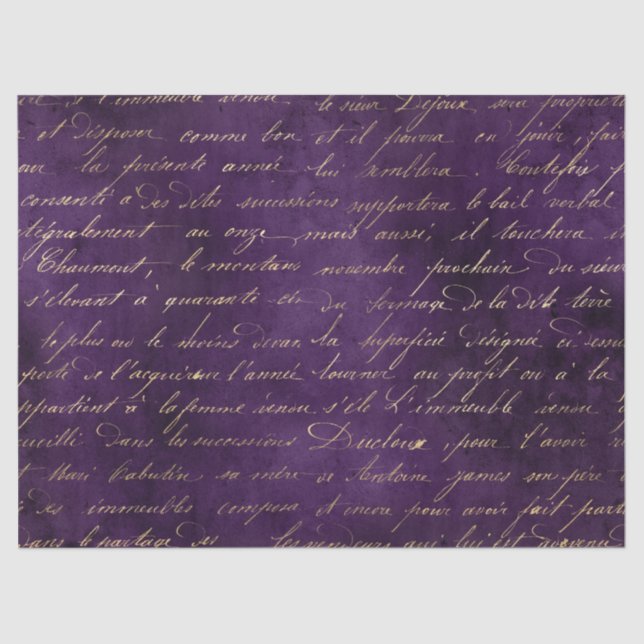 Gold Cursive on Deep Purple Decoupage Tissue Paper (Front)