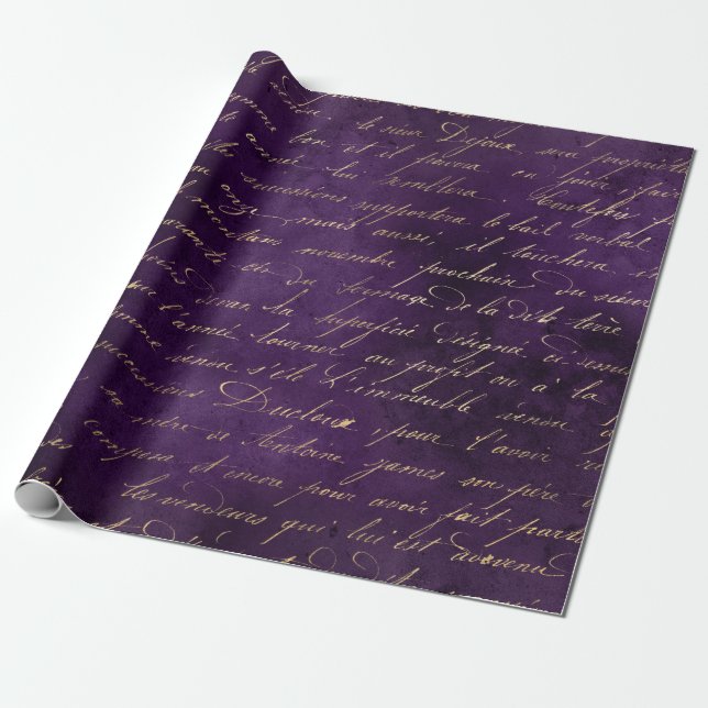 Gold Cursive on Deep Purple Wrapping Paper (Unrolled)