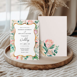 Gold Curvy Eucalyptus Pampas Grass Protea Wedding Invitation