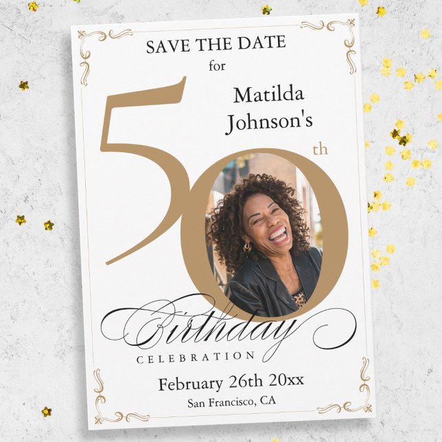 Gold Custom 50th Birthday Save The Date Card (Mockup View)